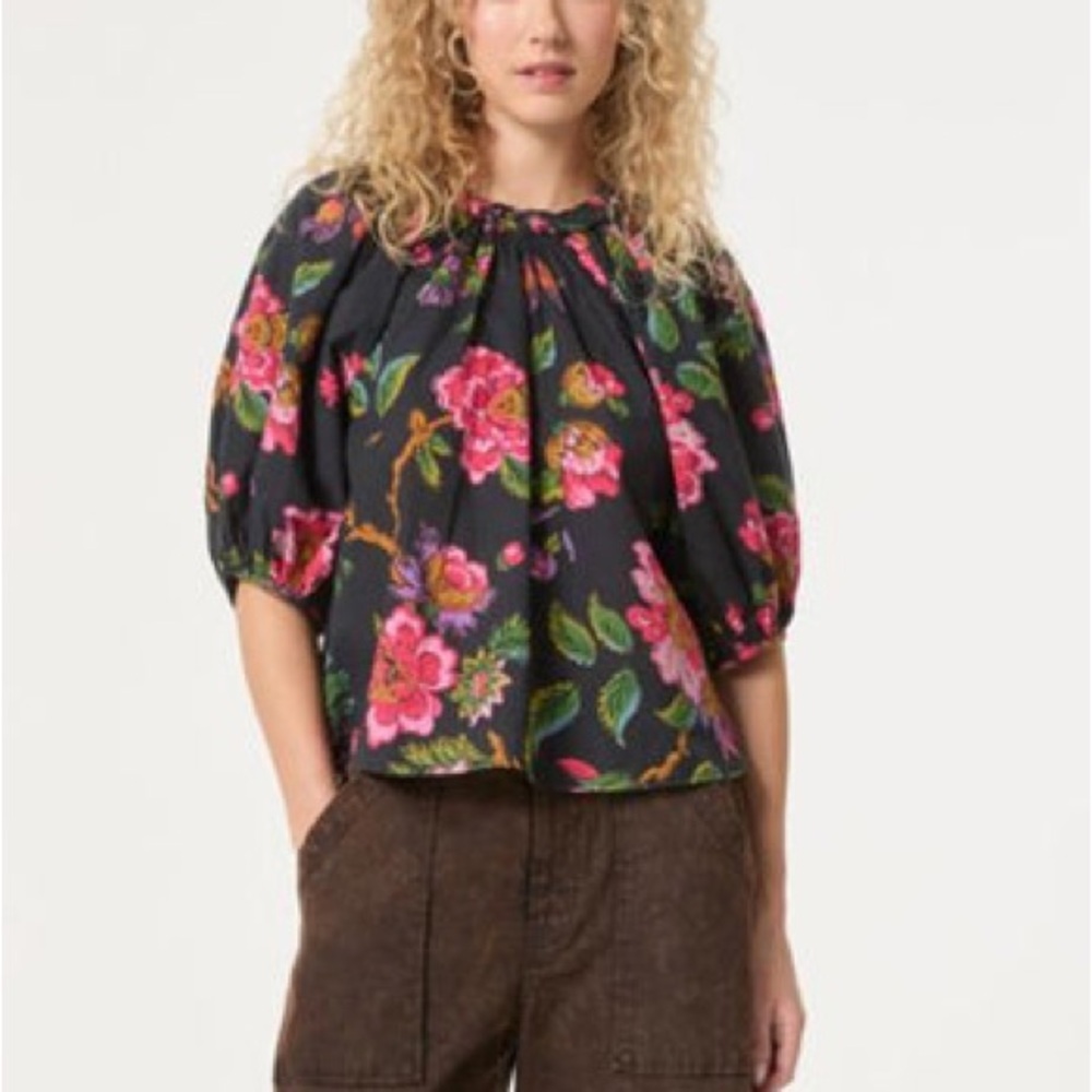 NWOT Rhode Black Rowan Cotton Puff Sleeve Blouse in Ink Morlaix Fleur Sz S